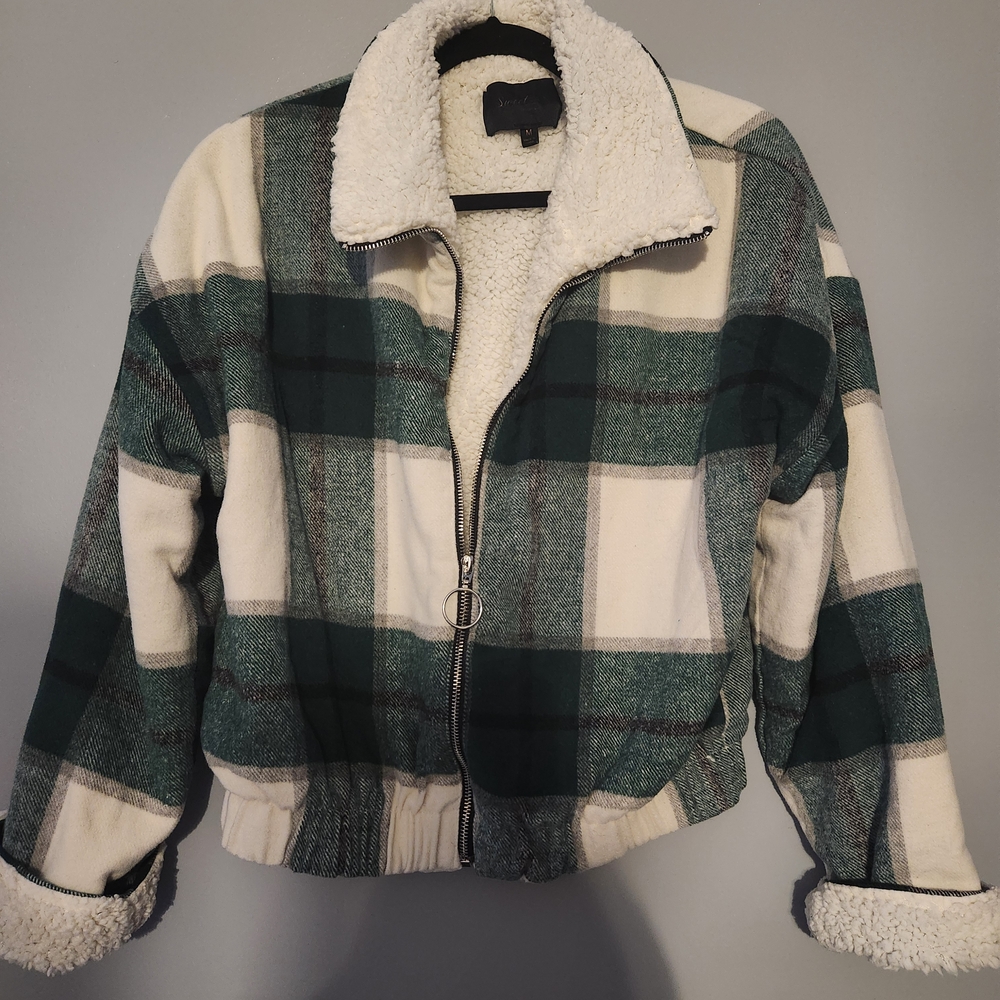 Sweet Rain Green and White Plaid Teddy Jacket